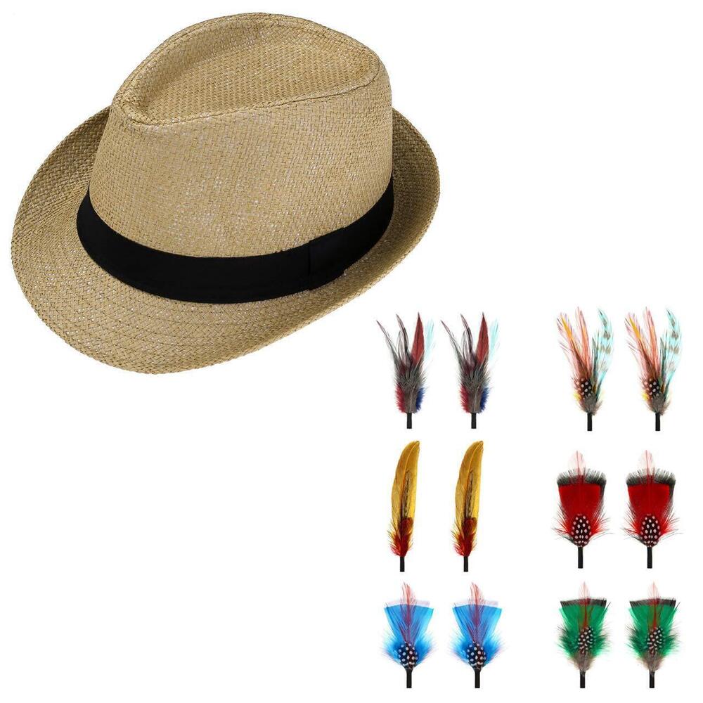 2863 Unisex Summer Panama Straw Fedora Hat Bundle with 12 Pcs Hat Feathers